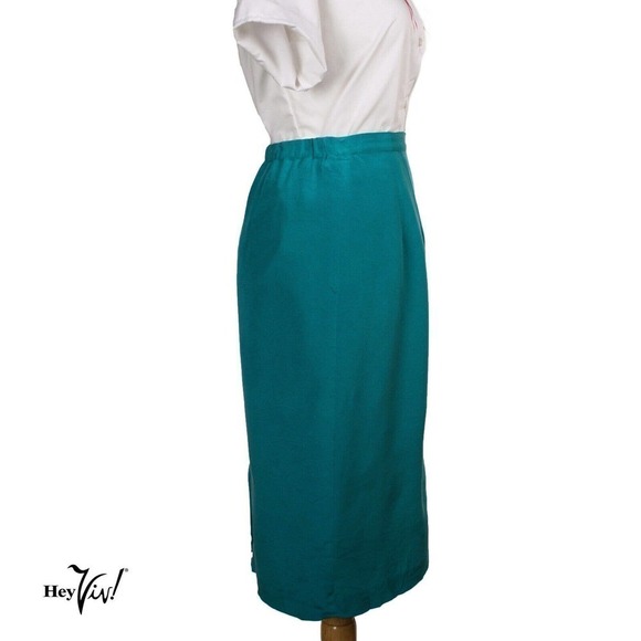 Vintage Green Silk Pencil Skirt, Fully Lined, Elastic Waist 30-34" ML - Hey Viv - Picture 3 of 7